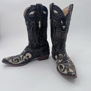 Corral Vintage Boots Mens 10 D Black Gray Laser Cut Lizard Inlay Fast Shipping
